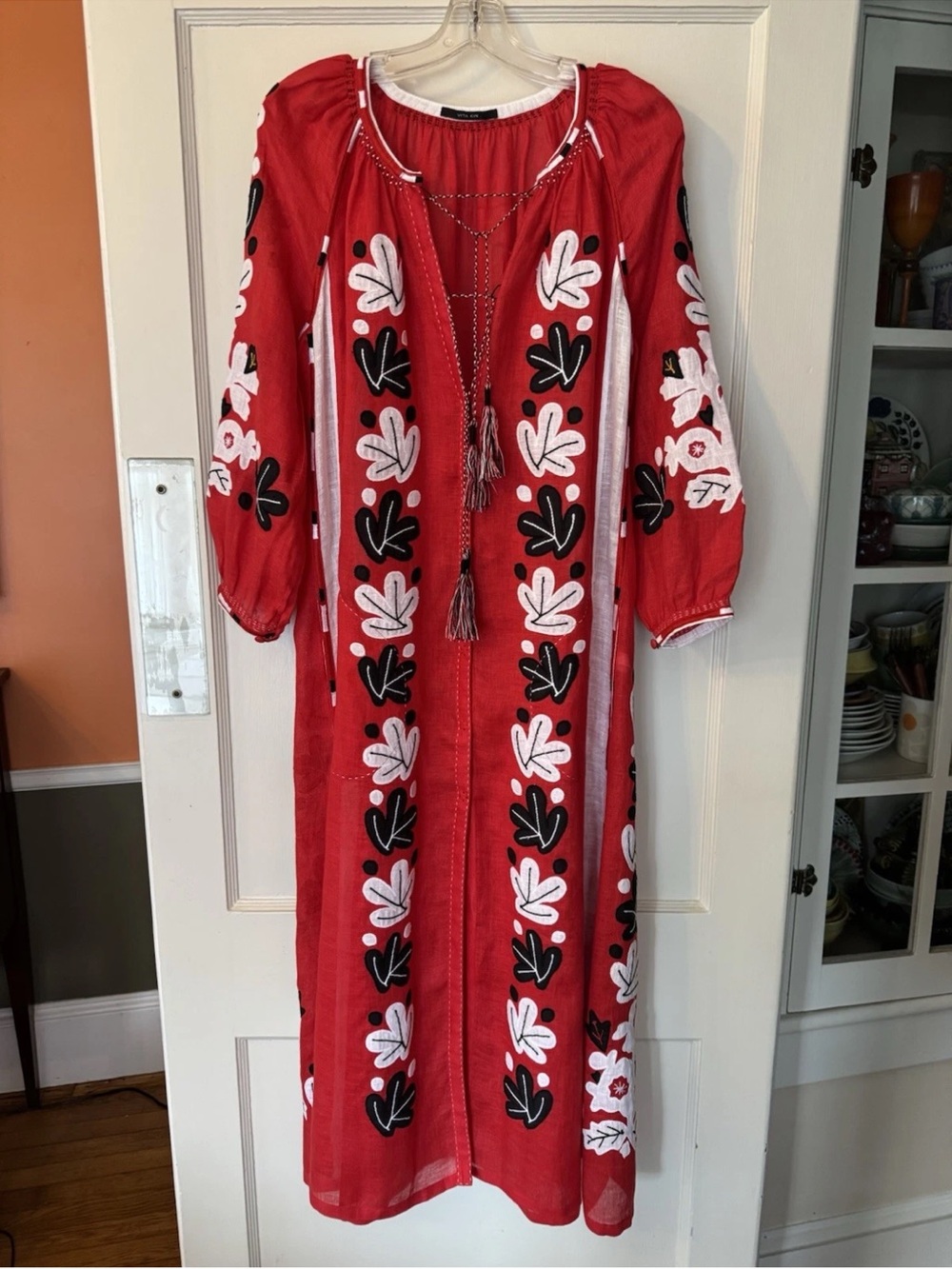 Red Embroidered Maxi Dress with Tassel Tie